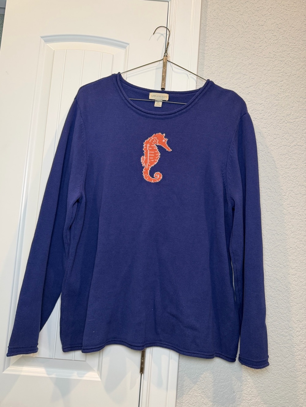 Appleseed's Blue Long-Sleeve Sweater with Orange Seahorse